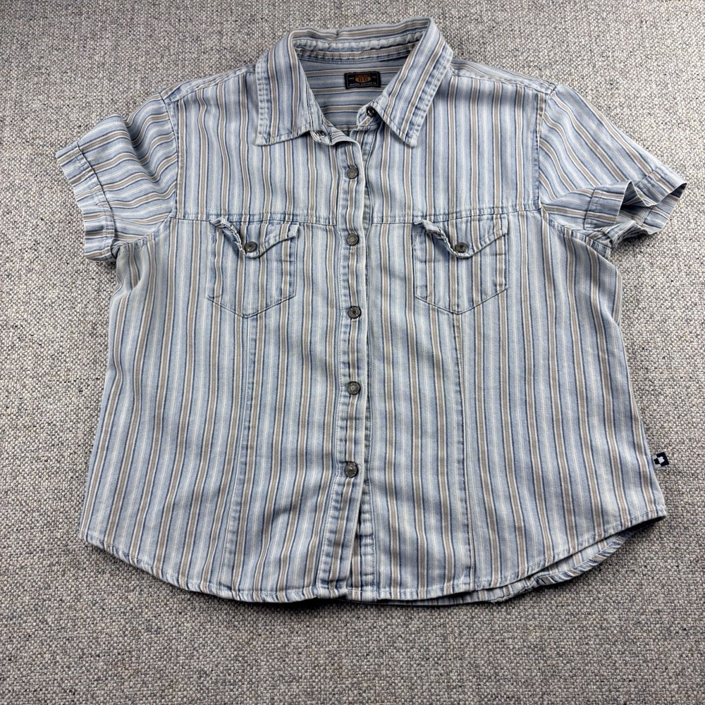 Route 66 Striped Short Sleeve Shirt Blue Tan Boxy Button Down VTG
